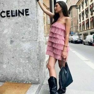 Pink Ruffle Tulle Mini Dress